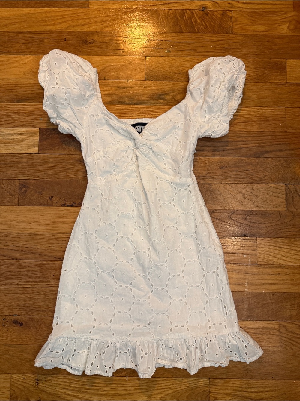 Katie J NYC White Eyelet Puff-Sleeve Mini with Ruffled Hem